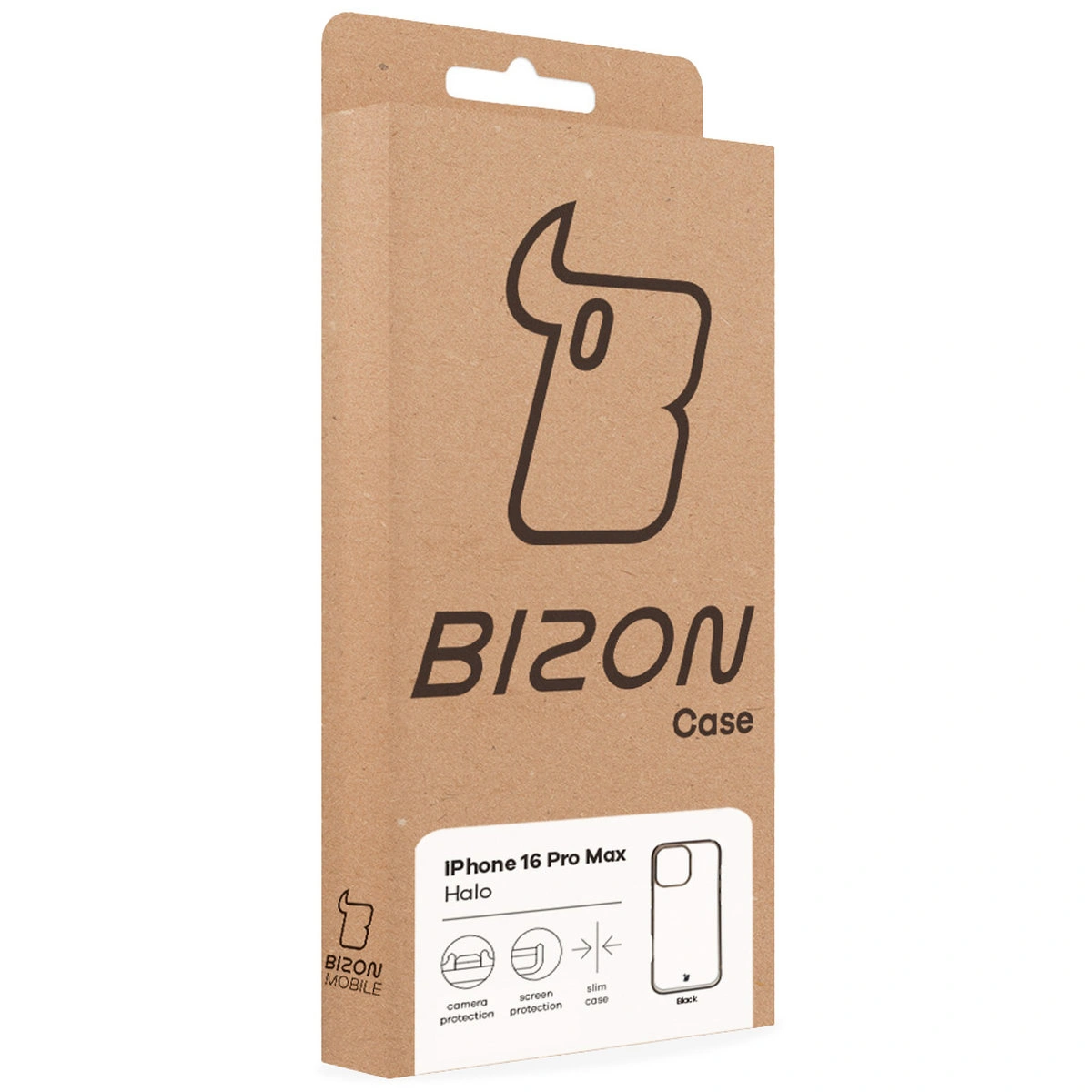 Przód pudełka Bizon Case z dedykowaną etykietą do Apple iPhone 16 Pro Max
