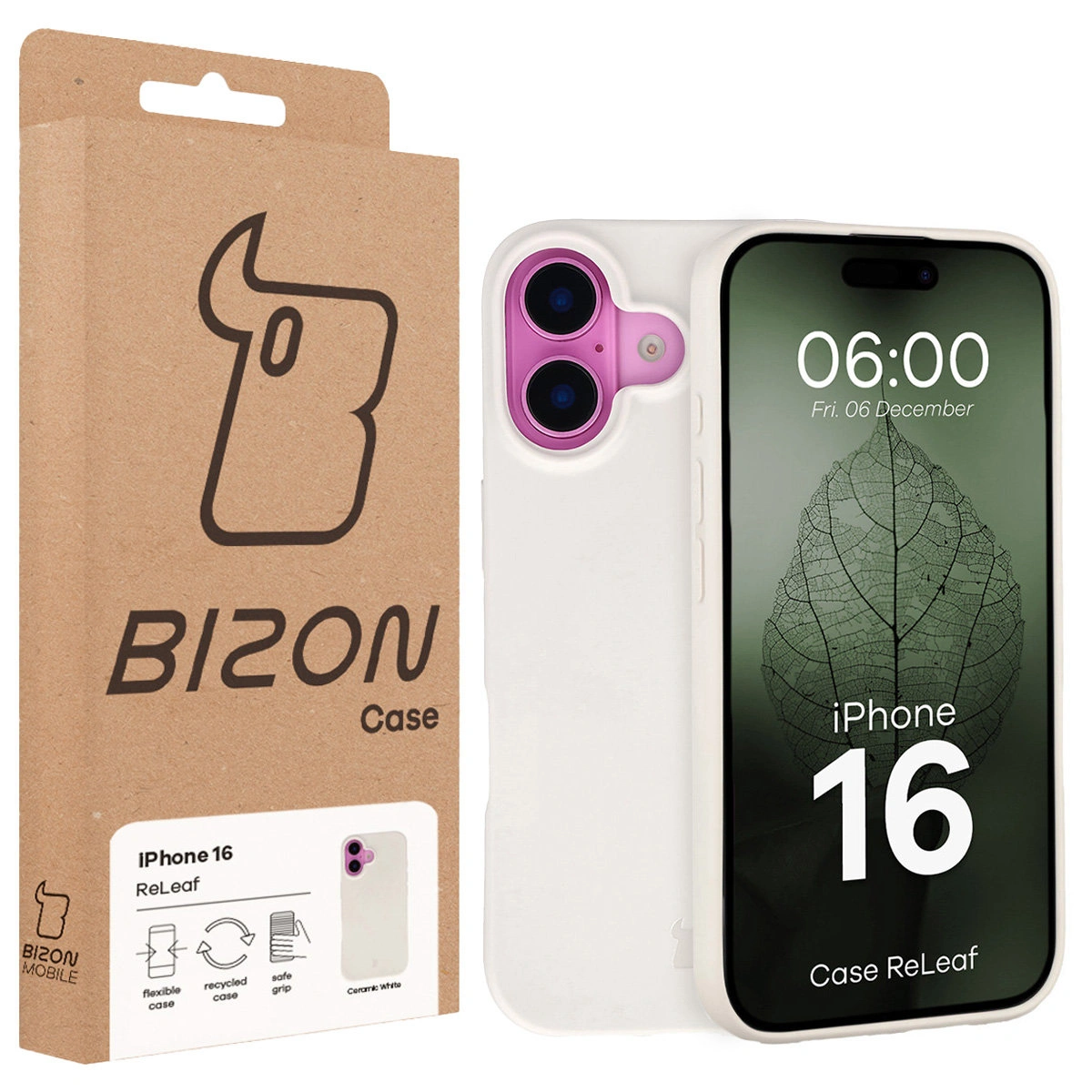 Przód pudełka Bizon Case z dedykowaną etykietą do Apple iPhone 16