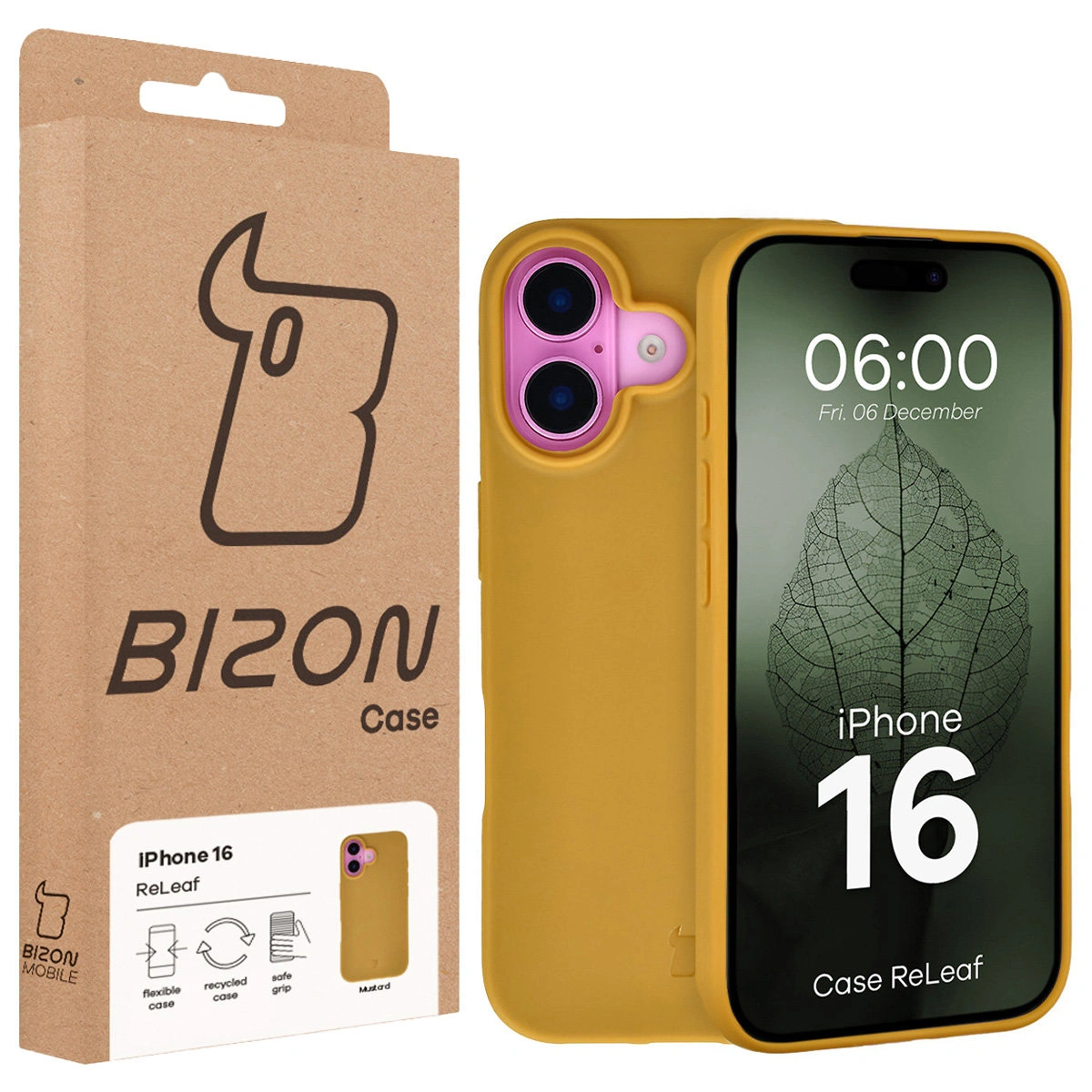 Przód pudełka Bizon Case z dedykowaną etykietą do Apple iPhone 16