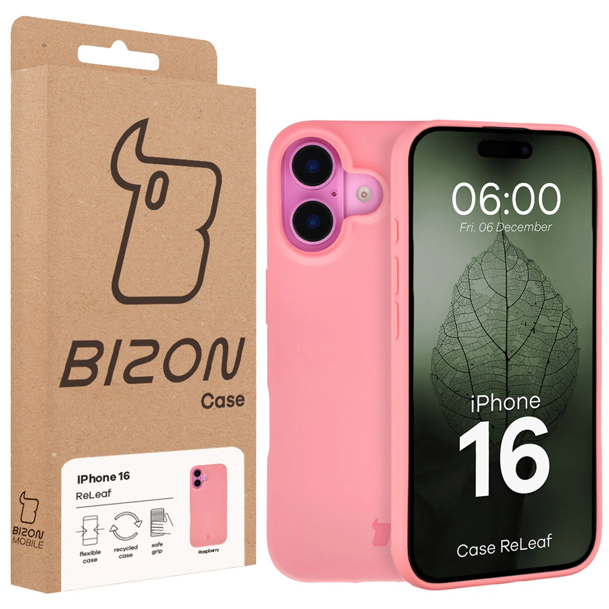 Przód pudełka Bizon Case z dedykowaną etykietą do Apple iPhone 16
