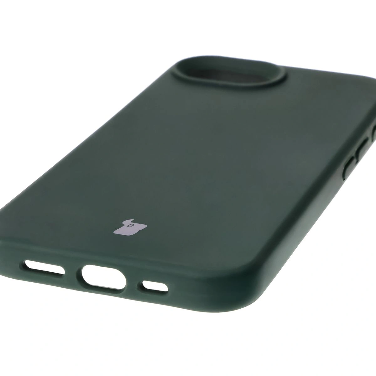 Zbliżenie na precyzyjne wycięcia i możliwość ładowania indukcyjnego w etui Bizon Soft Case do Apple iPhone 16e