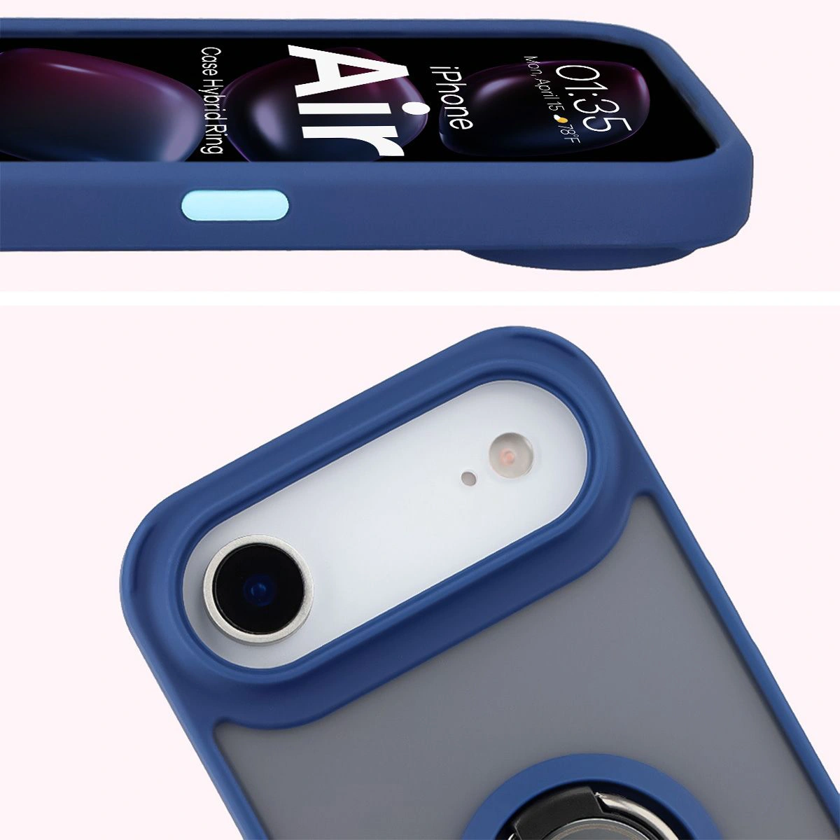 Zbliżenie na podwyższone krawędzie przy wyświetlaczu i wyspie aparatu w etui Bizon Hybrid Ring do Apple iPhone 17 Air
