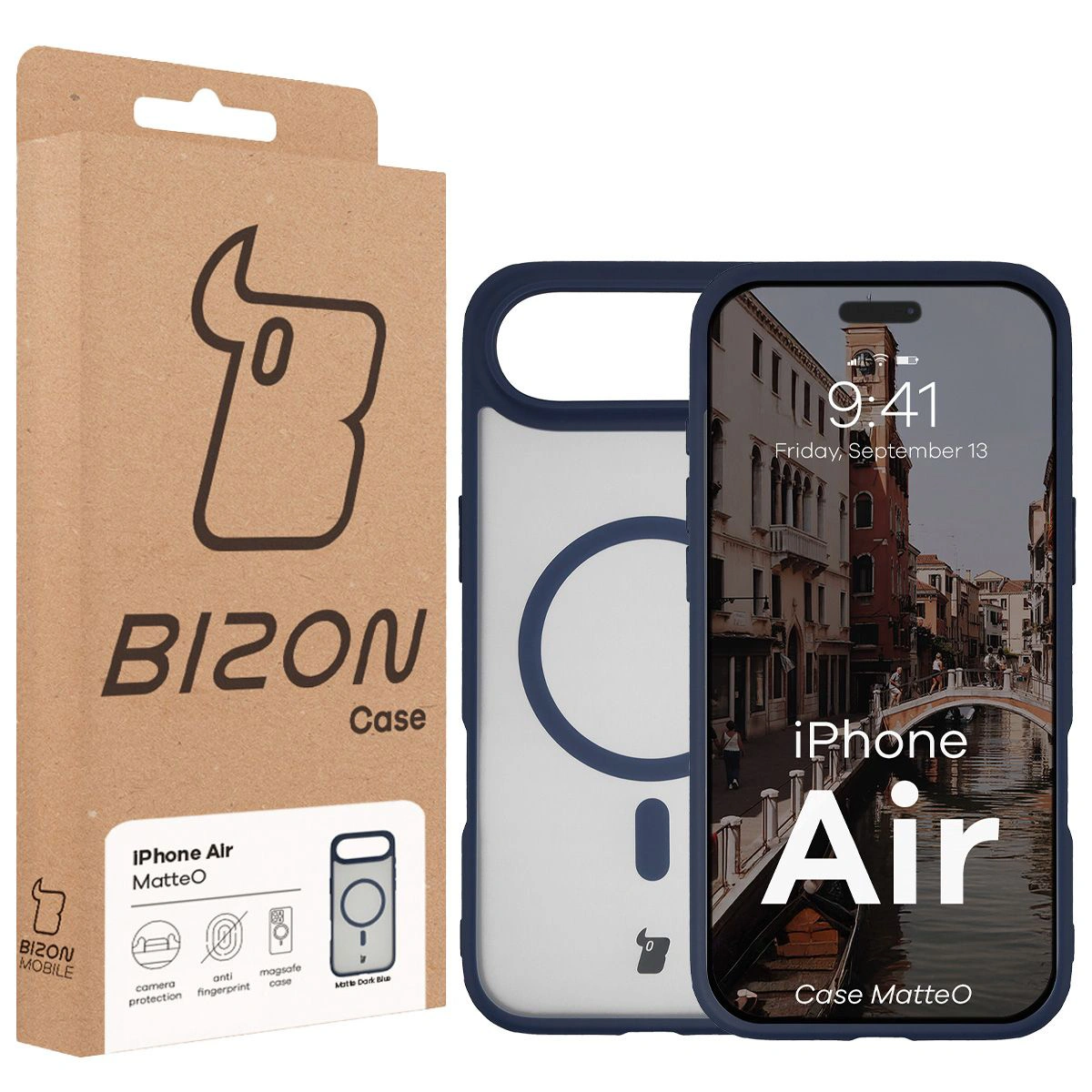 Przód pudełka Bizon Case z dedykowaną etykietą do Apple iPhone 17 Air