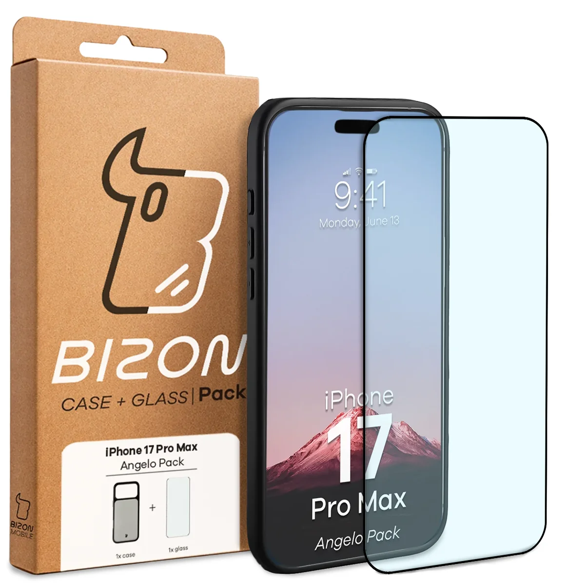 Przód pudełka Bizon Case Angelo Pack z dedykowaną etykietą do Apple iPhone 17 Pro Max