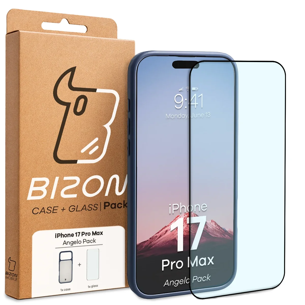 Przód pudełka Bizon Case Angelo Pack z dedykowaną etykietą do Apple iPhone 17 Pro Max