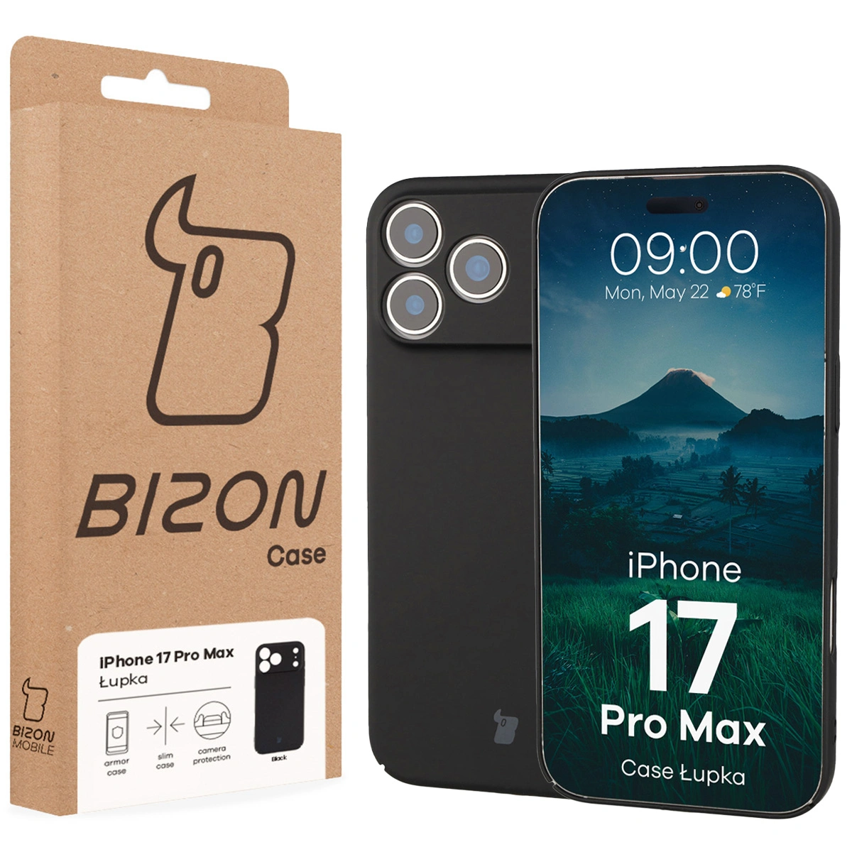 Przód pudełka Bizon Case z dedykowaną etykietą do Apple iPhone 17 Pro Max