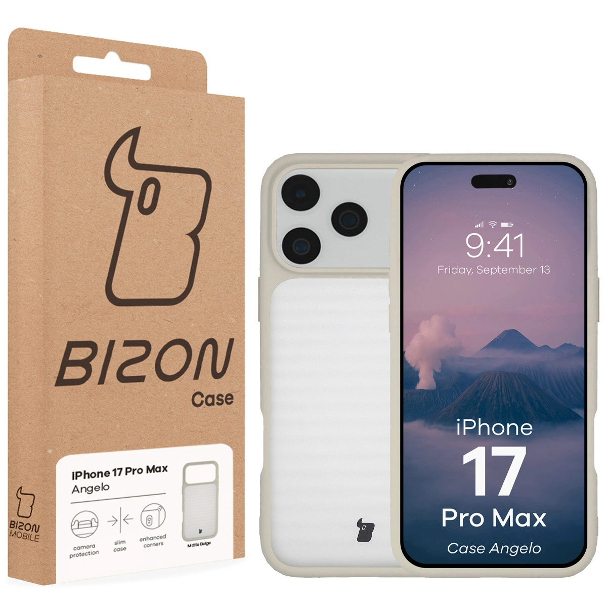 Przód pudełka Bizon Case z dedykowaną etykietą do Apple iPhone 17 Pro Max