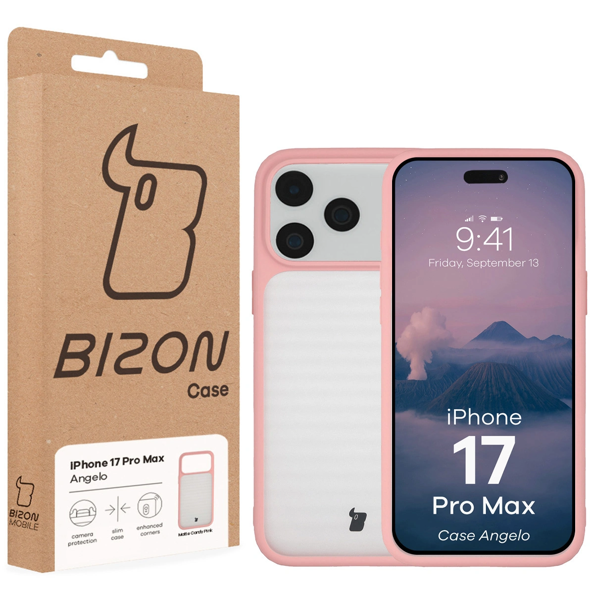 Przód pudełka Bizon Case z dedykowaną etykietą do Apple iPhone 17 Pro Max