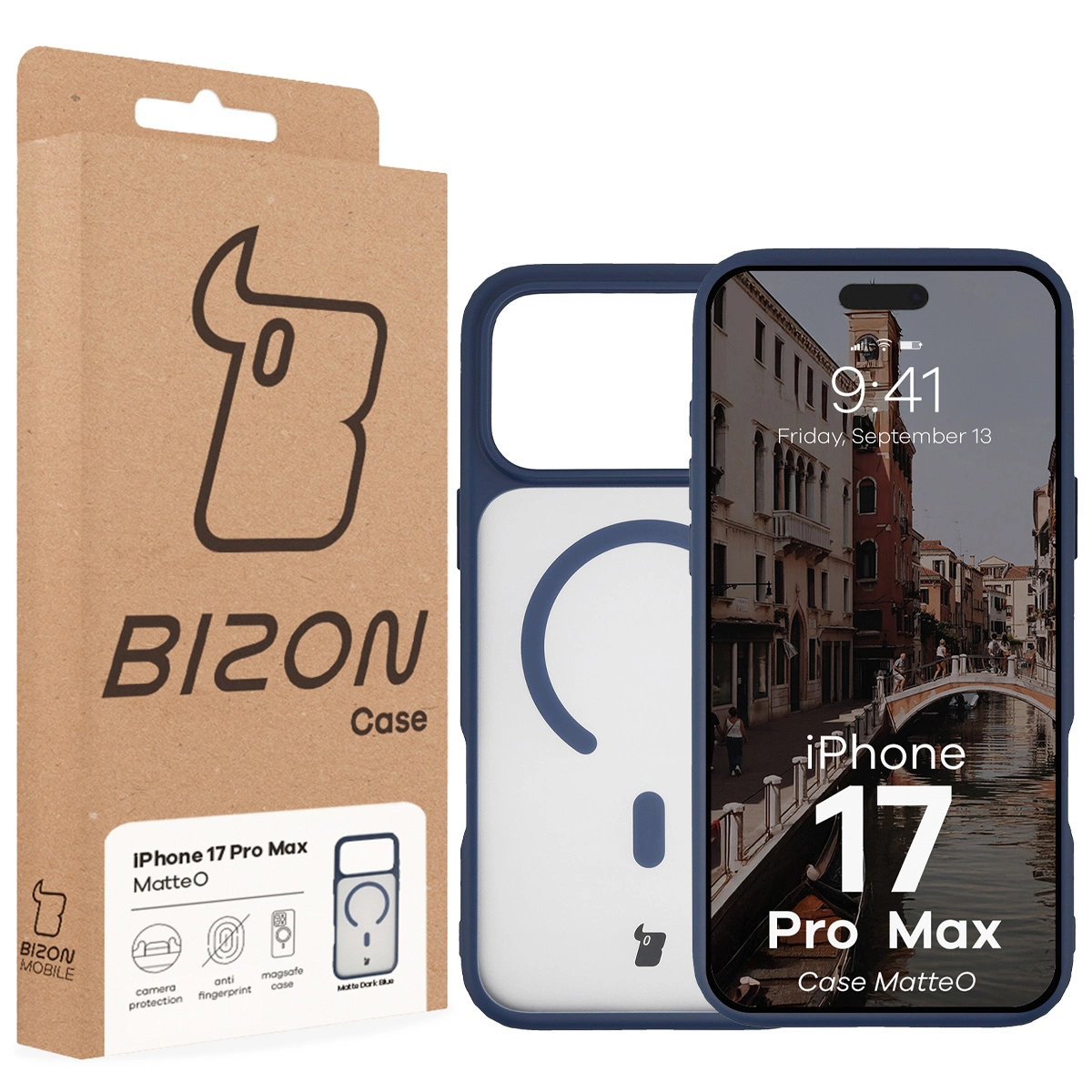 Przód pudełka Bizon Case z dedykowaną etykietą do Apple iPhone 17 Pro Max