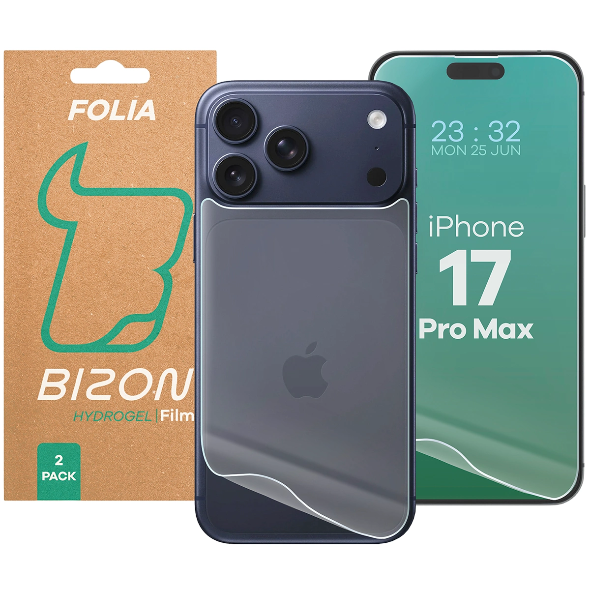 Zestaw folii hydrożelowych na plecki i wyświetlacz telefonu Bizon Film Hydrogel Pack do Apple iPhone 17 Pro Max, 2 sztuki