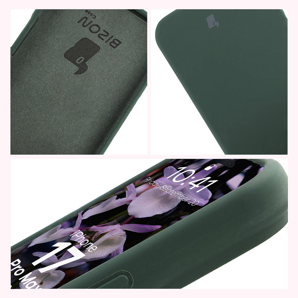 Konstrukcja etui Bizon Soft Case: zintegrowane osłony, podwyższone krawędzie i wyściółka z mikrofibry do Apple iPhone 17 Pro Max