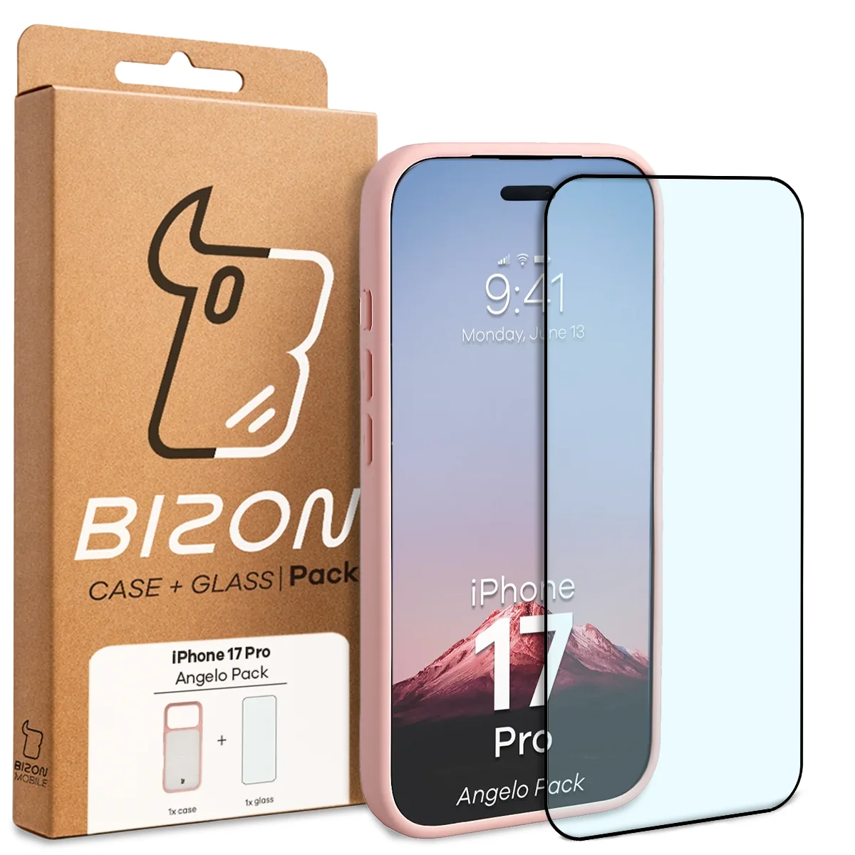 Przód pudełka Bizon Case Angelo Pack z dedykowaną etykietą do Apple iPhone 17 Pro