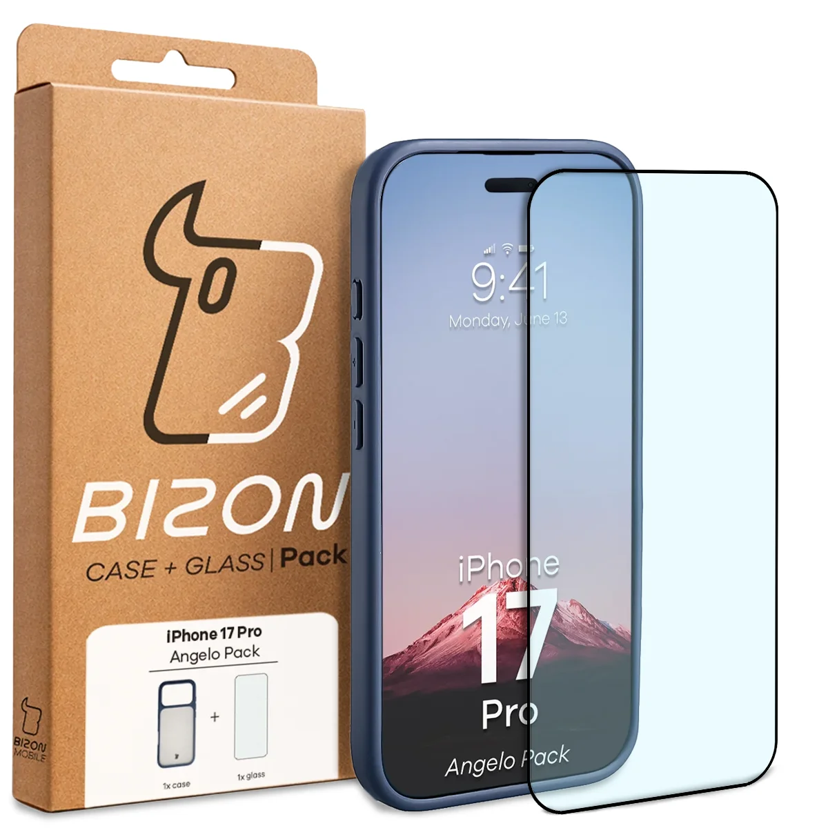 Przód pudełka Bizon Case Angelo Pack z dedykowaną etykietą do Apple iPhone 17 Pro