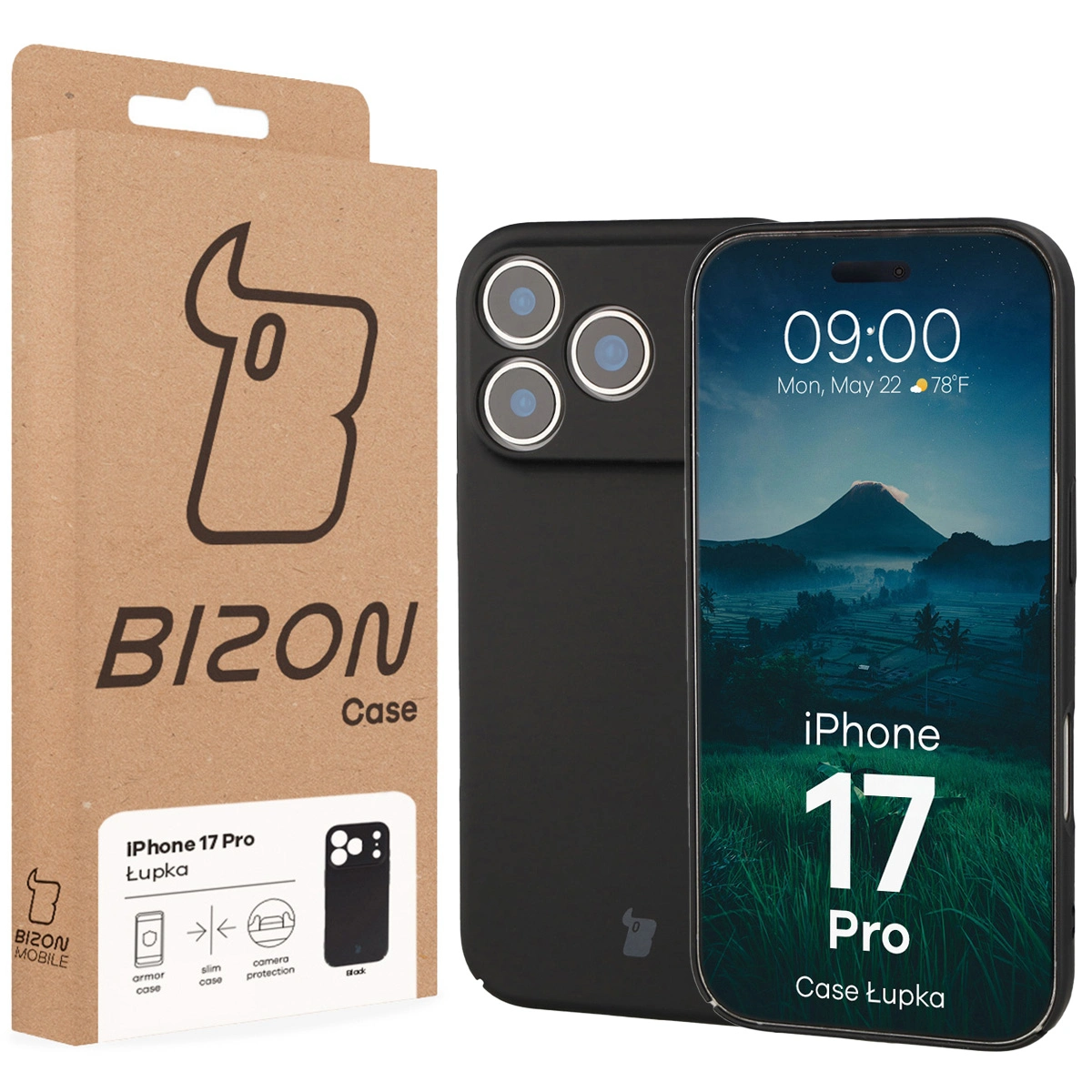 Przód pudełka Bizon Case z dedykowaną etykietą do Apple iPhone 17 Pro