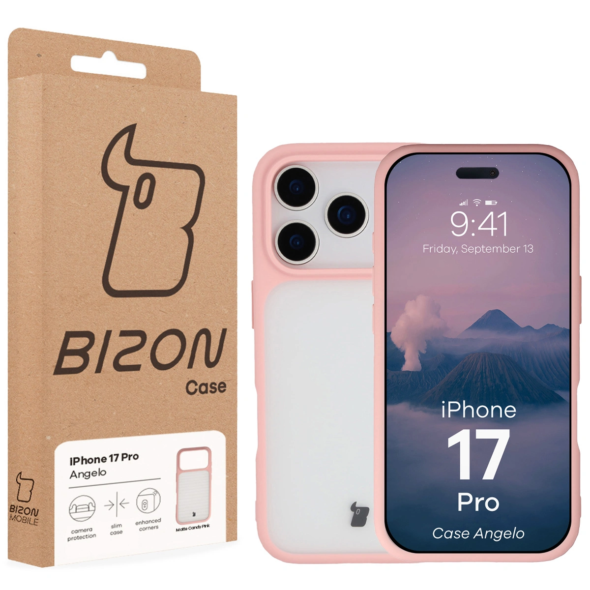Przód pudełka Bizon Case z dedykowaną etykietą do Apple iPhone 17 Pro