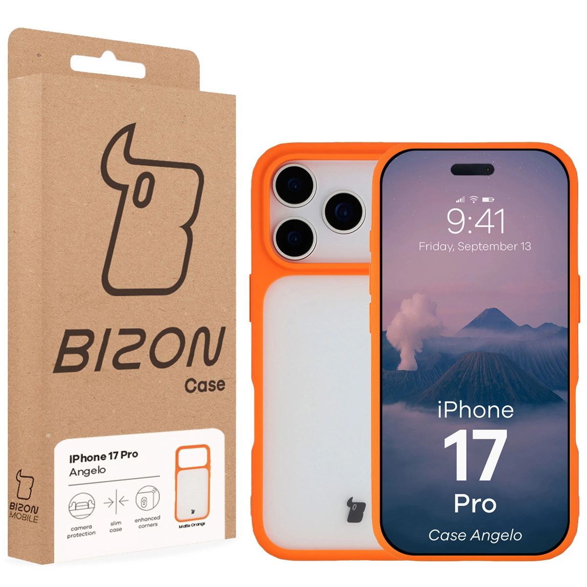Przód pudełka Bizon Case z dedykowaną etykietą do Apple iPhone 17 Pro