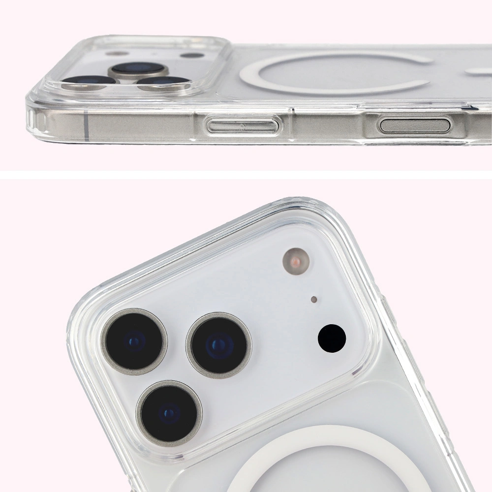 Pełne wycięcie i podwyższone krawędzie aparatu w etui Bizon Case CrystalO do Apple iPhone 17 Pro