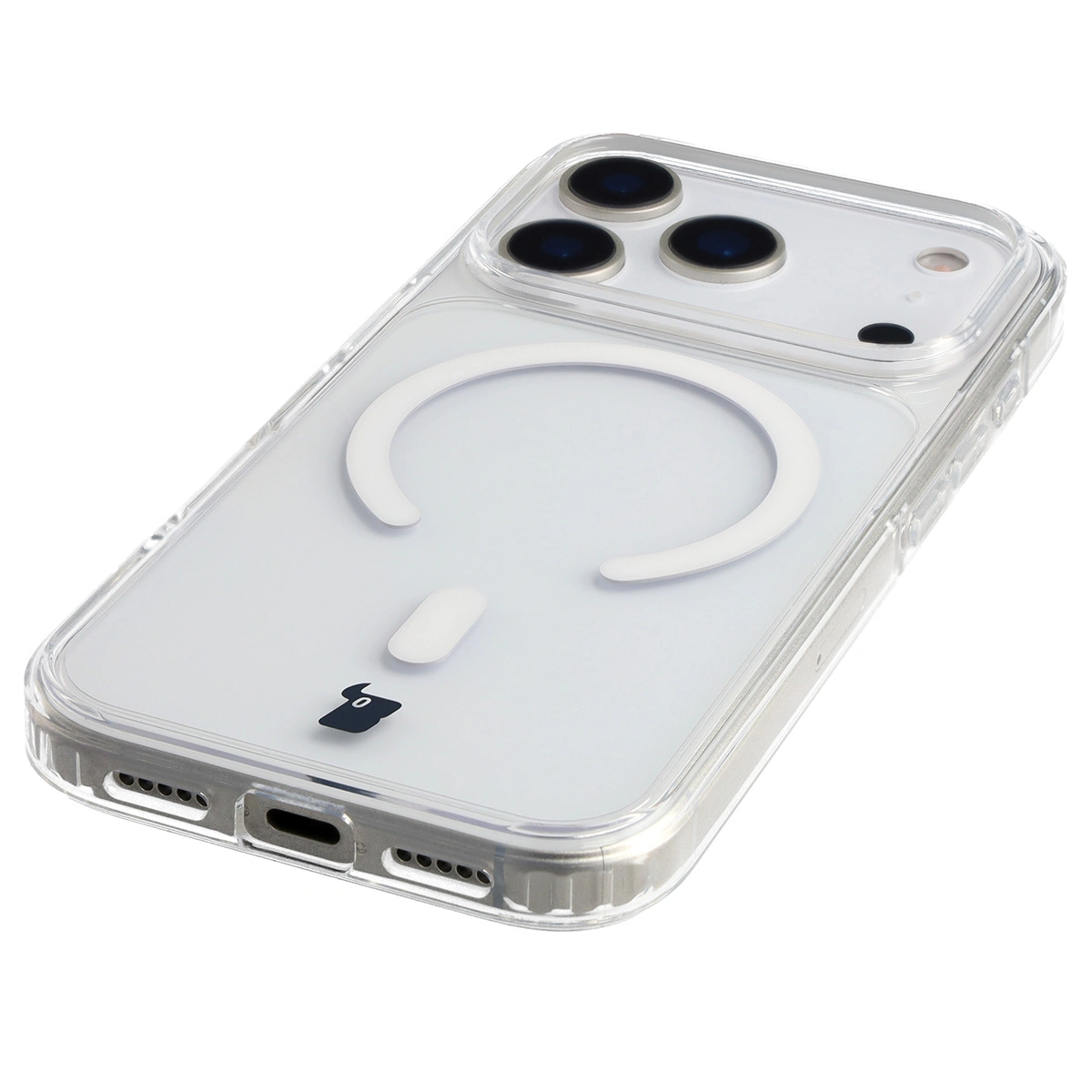 Zintegrowane przyciski, wycięcia i hybrydowy materiał w etui Bizon Case CrystalO do Apple iPhone 17 Pro