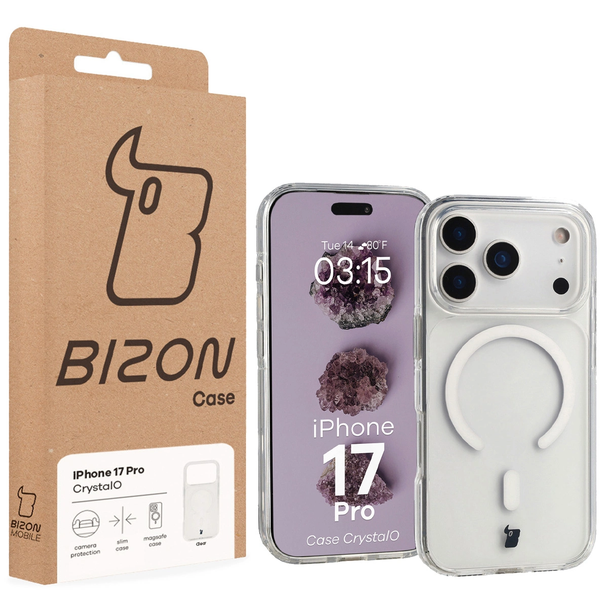 Przód pudełka Bizon Case z dedykowaną etykietą do Apple iPhone 17 Pro