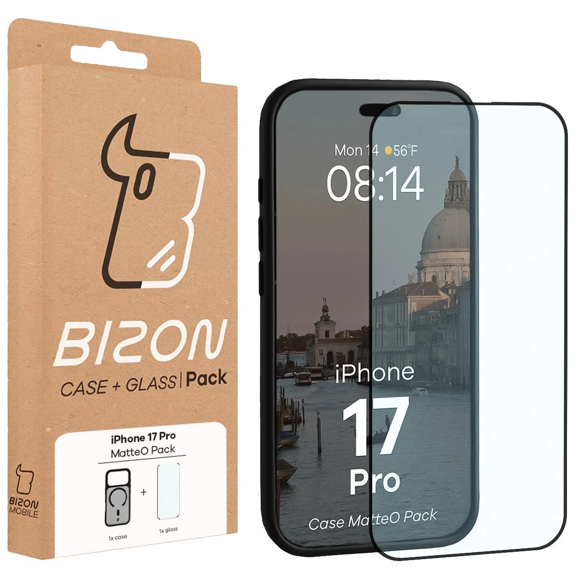 Przód pudełka Bizon Case Matteo Pack z dedykowaną etykietą do Apple iPhone 17 Pro