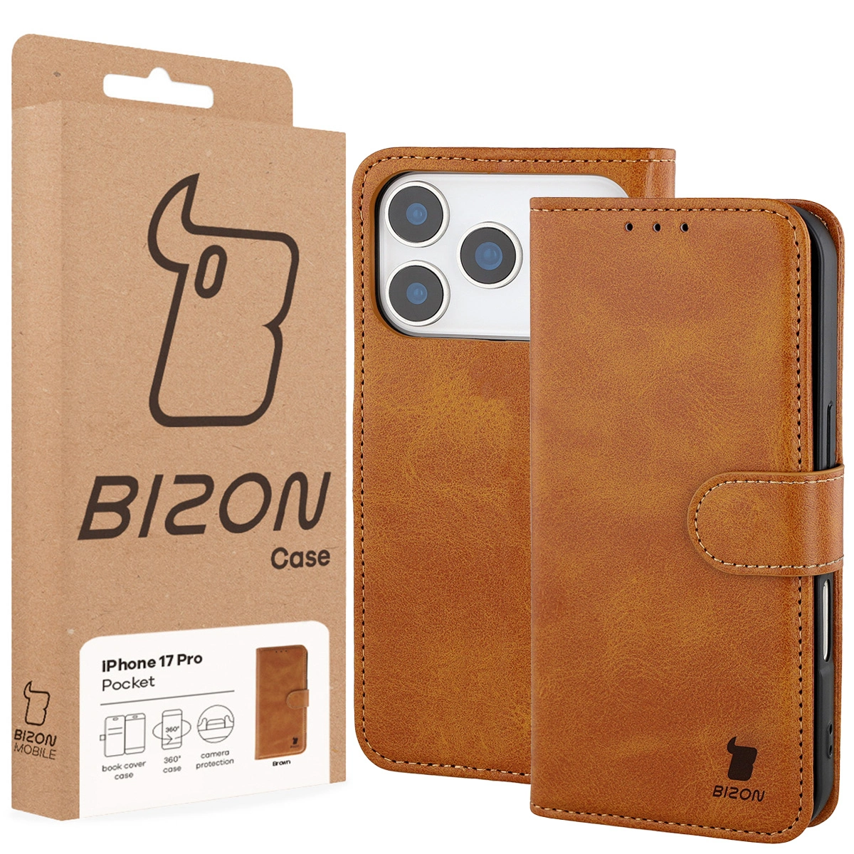 Przód pudełka Bizon Case z dedykowaną etykietą do Apple iPhone 17 Pro