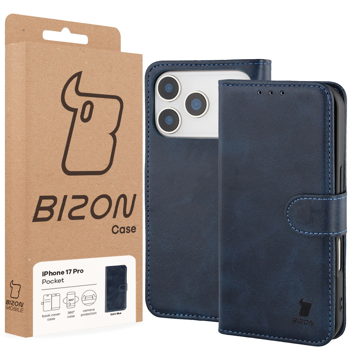 Przód pudełka Bizon Case z dedykowaną etykietą do Apple iPhone 17 Pro