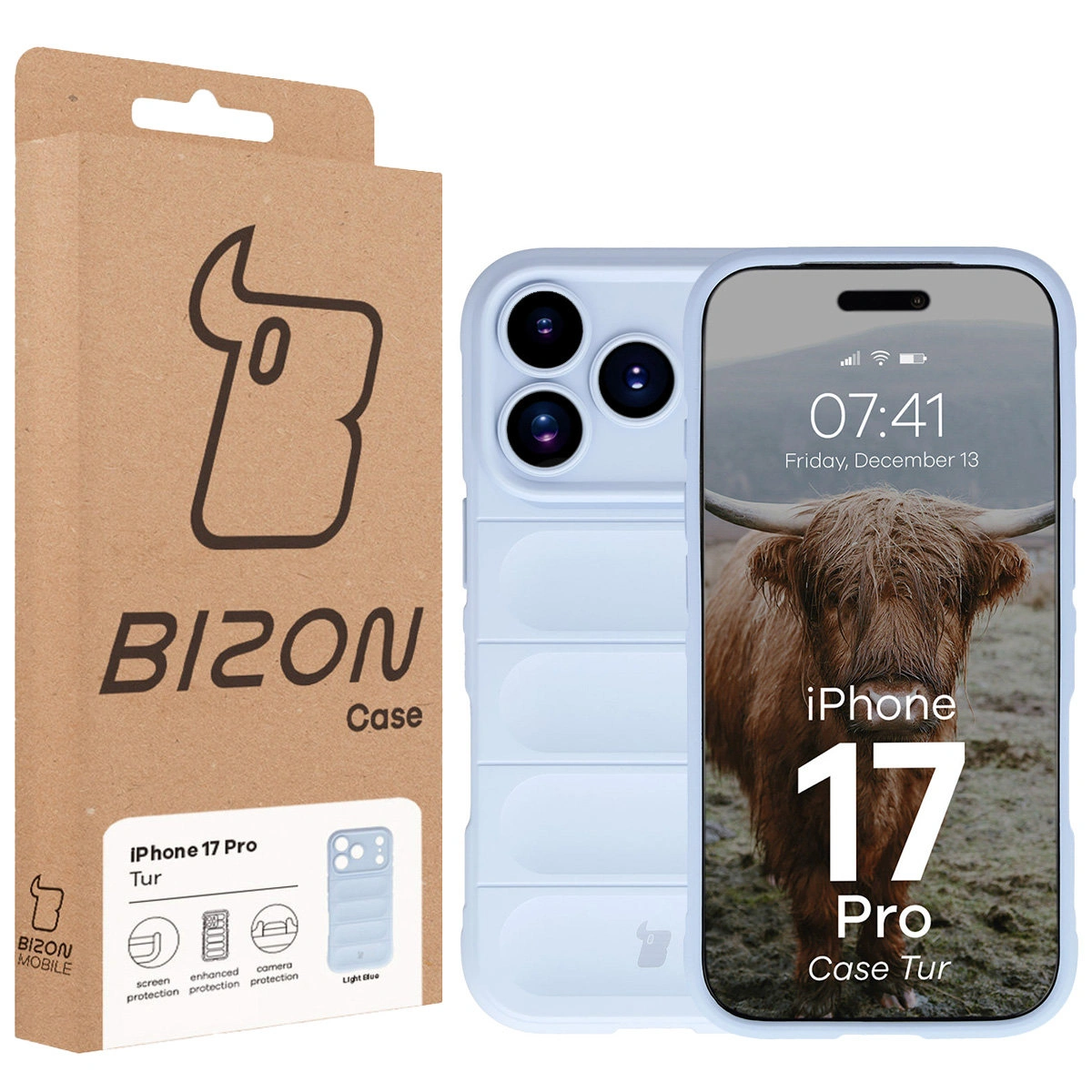 Przód pudełka Bizon Case z dedykowaną etykietą do Apple iPhone 17 Pro