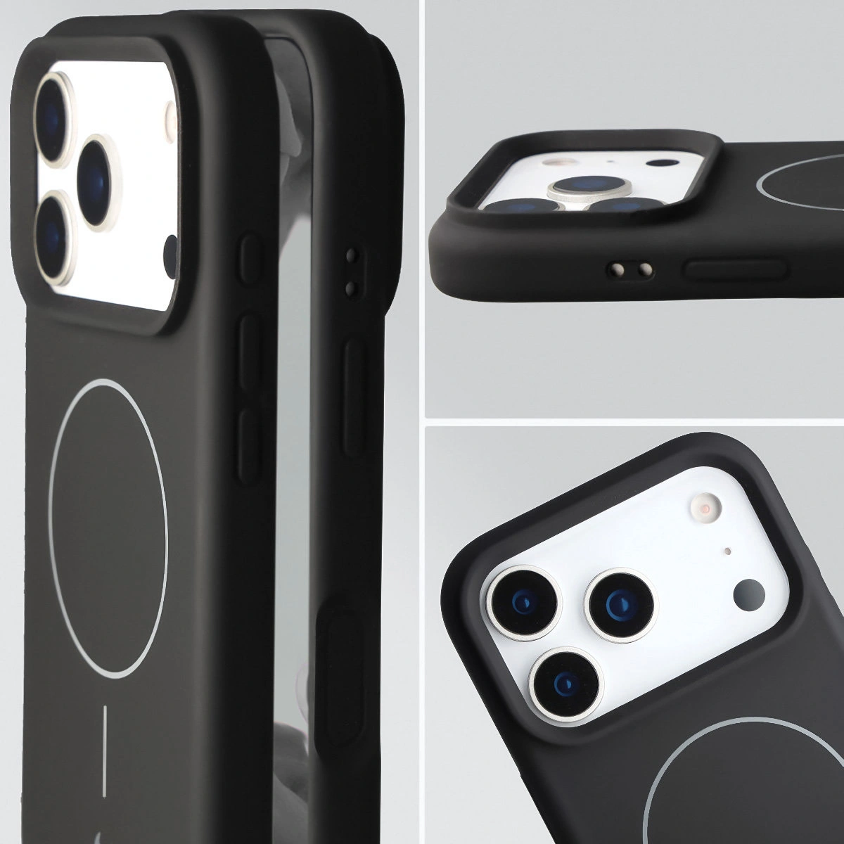 Wycięcie na obiektywy i podwyższone krawędzie w etui Bizon Soft Case Magnetic do Apple iPhone 17 Pro