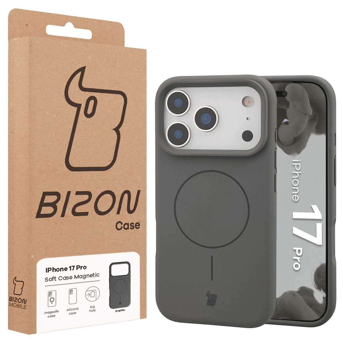Przód pudełka Bizon Case z dedykowaną etykietą do Apple iPhone 17 Pro