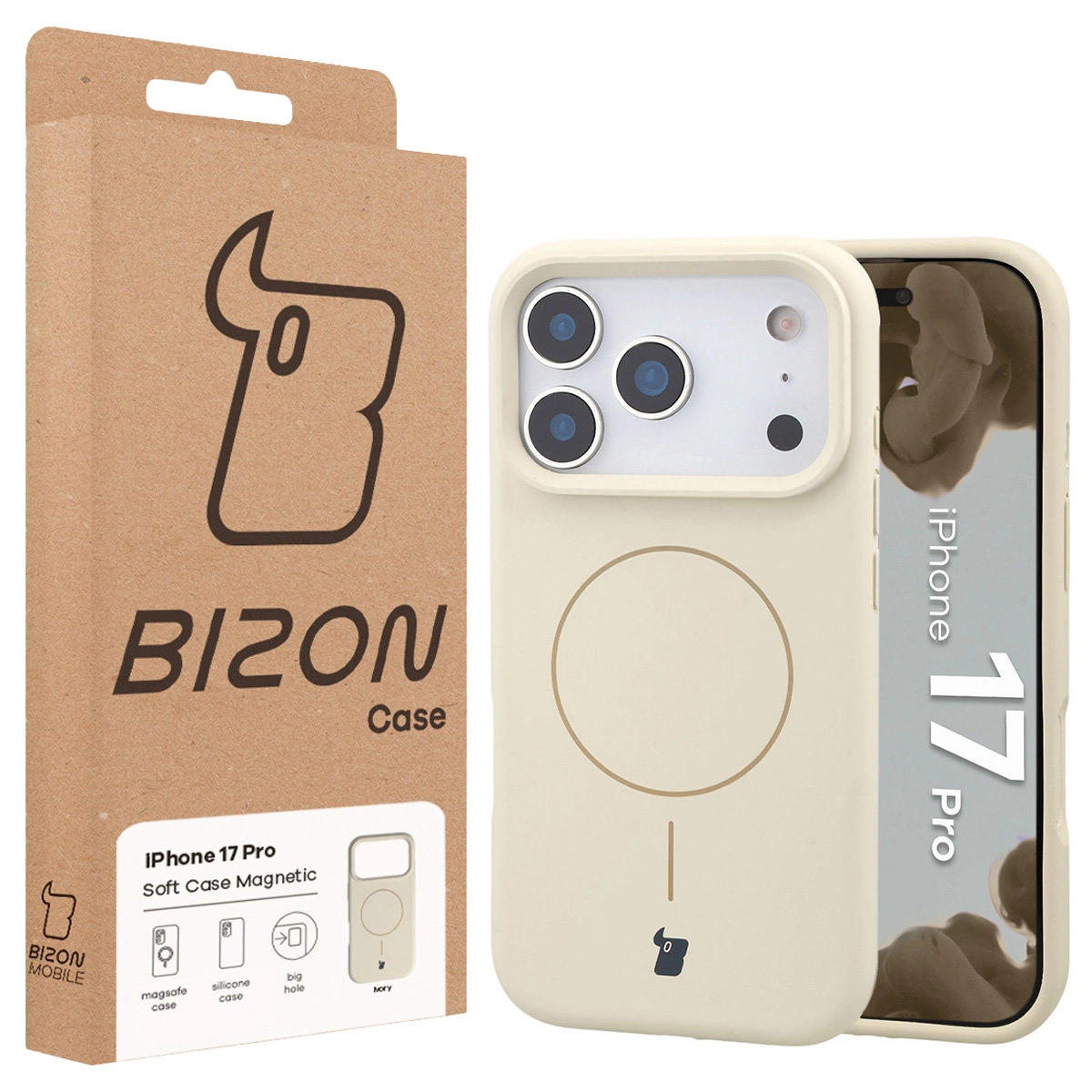 Przód pudełka Bizon Case z dedykowaną etykietą do Apple iPhone 17 Pro