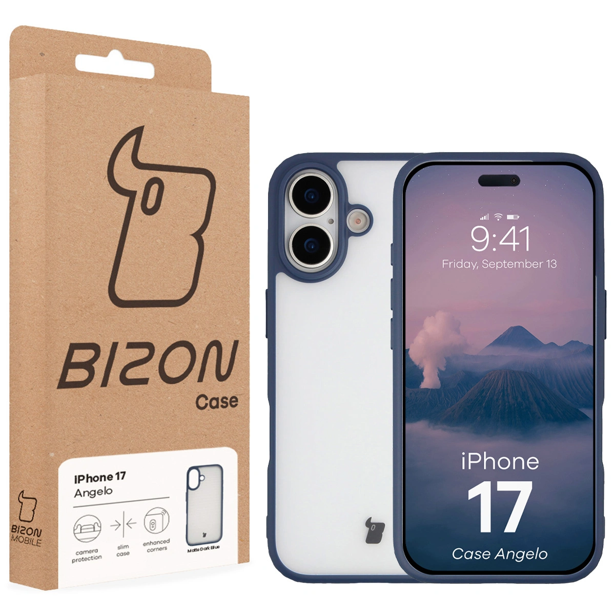 Przód pudełka Bizon Case z dedykowaną etykietą do Apple iPhone 17