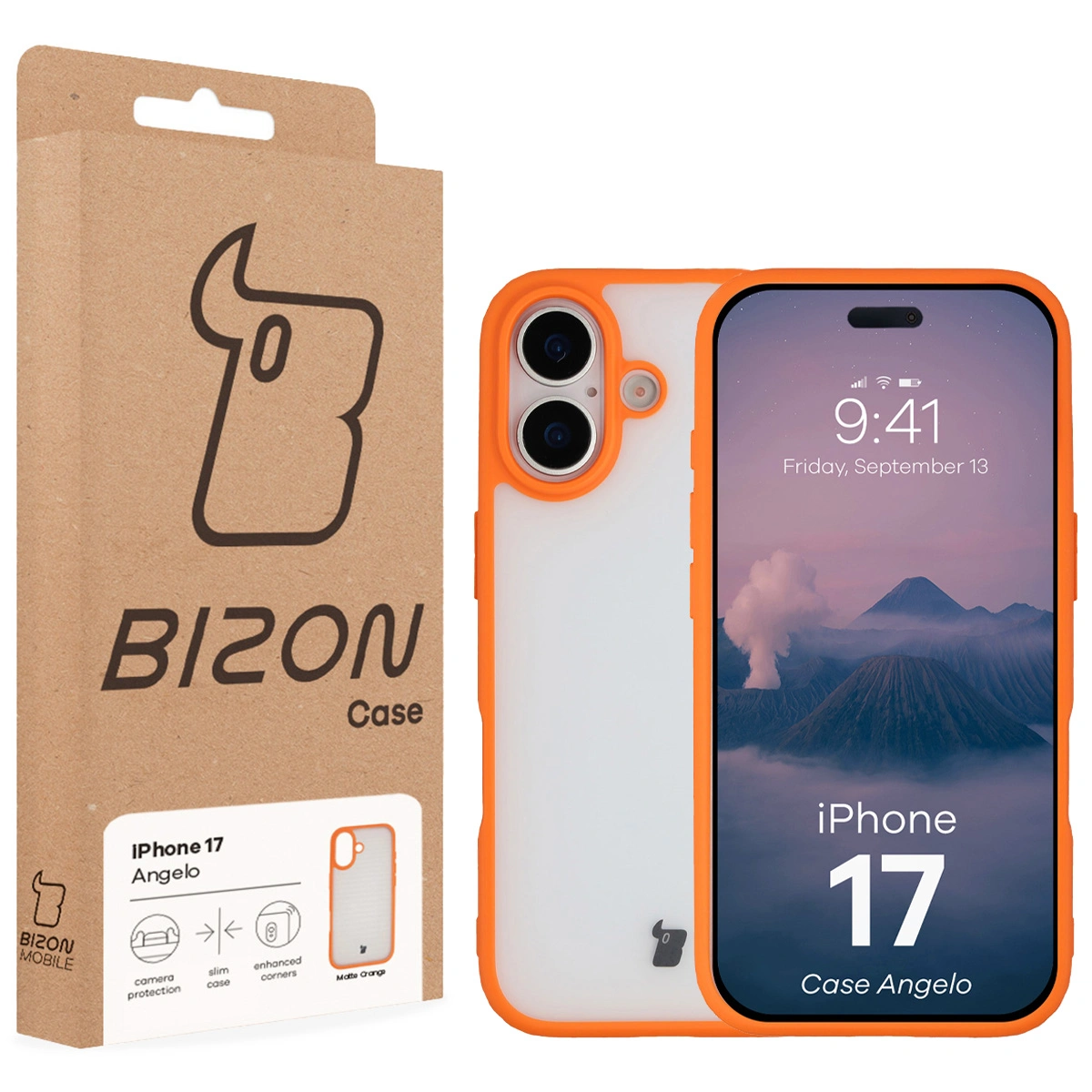 Przód pudełka Bizon Case z dedykowaną etykietą do Apple iPhone 17