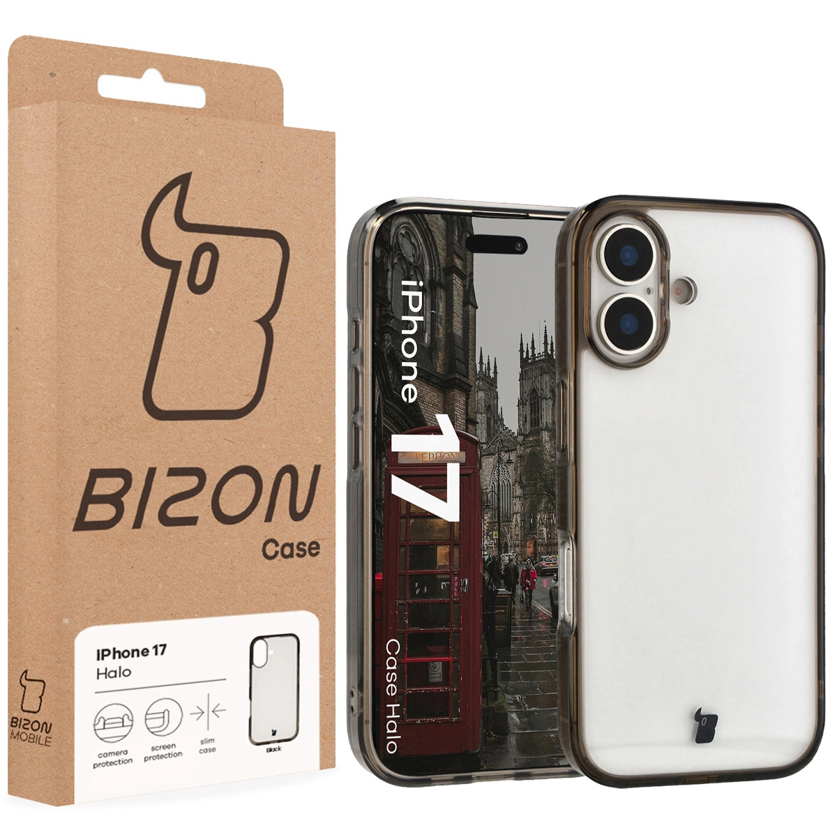 Przód pudełka Bizon Case z dedykowaną etykietą do Apple iPhone 17