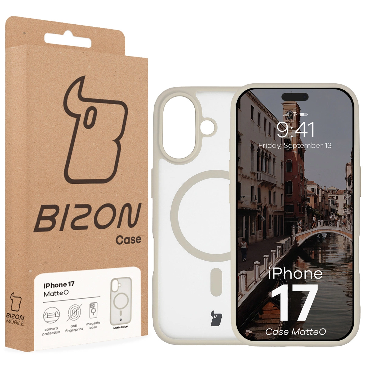 Przód pudełka Bizon Case z dedykowaną etykietą do Apple iPhone 17