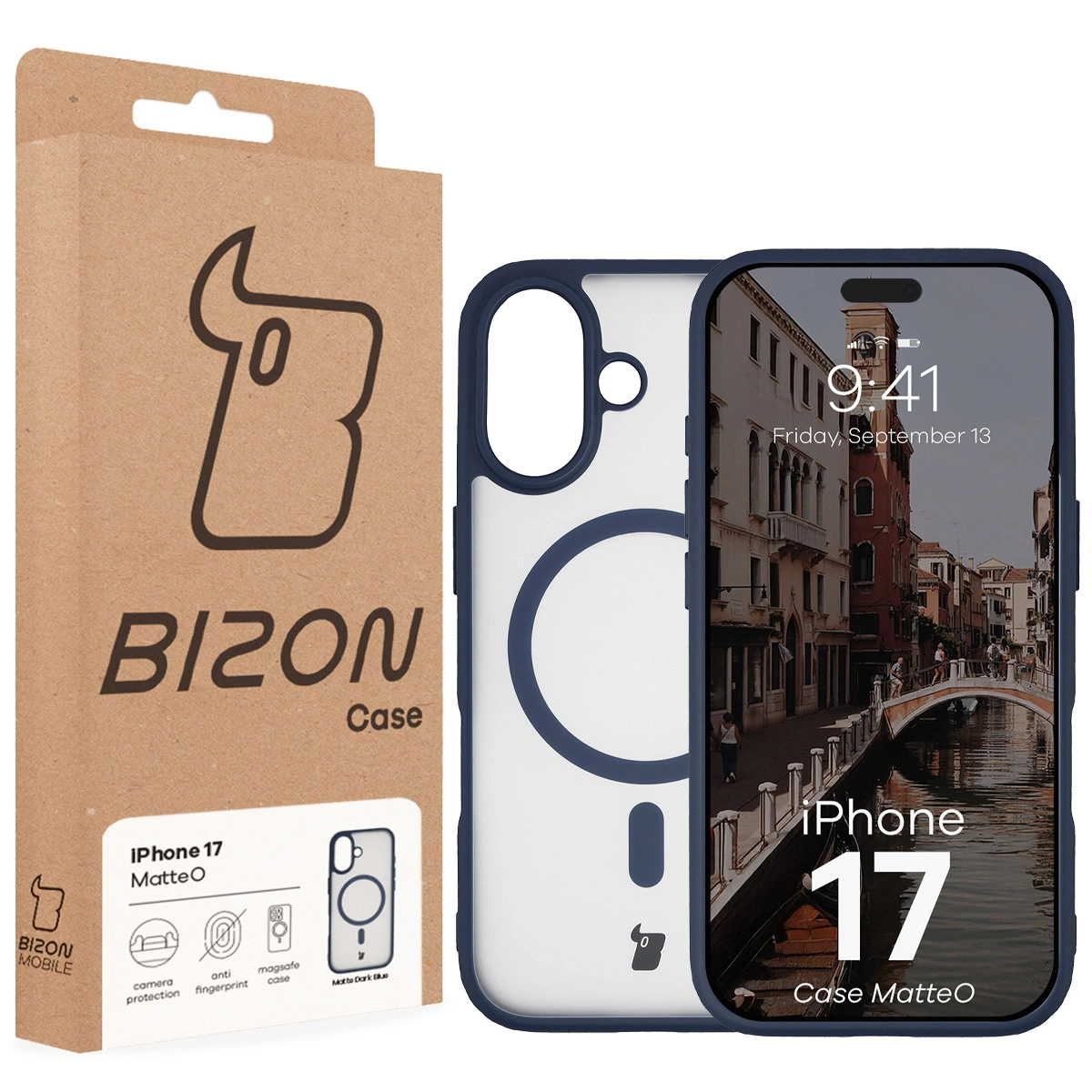 Przód pudełka Bizon Case z dedykowaną etykietą do Apple iPhone 17