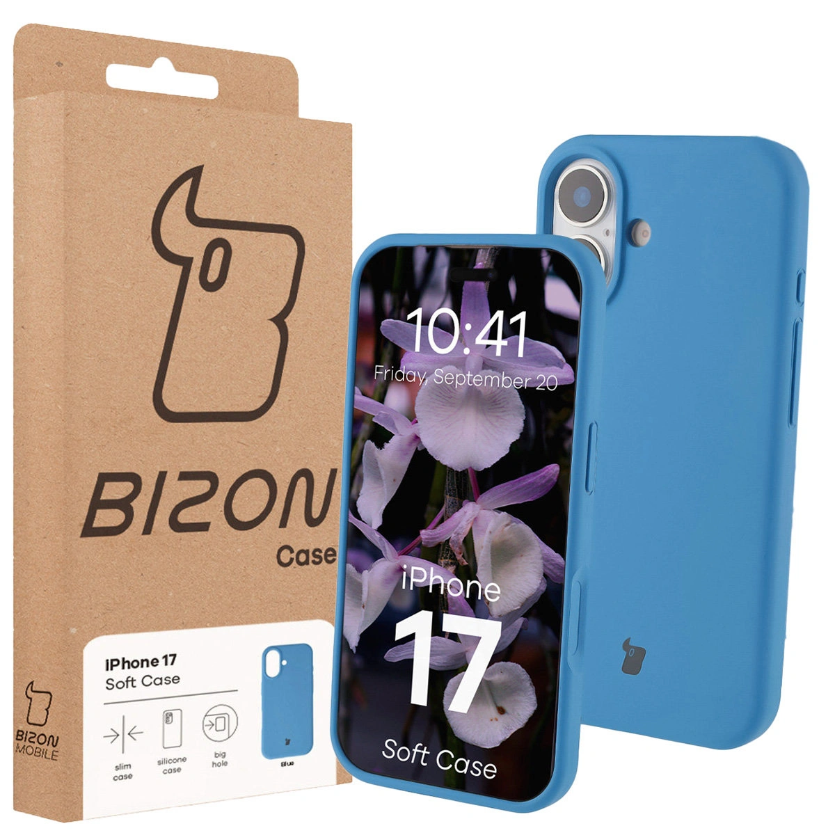 Przód pudełka Bizon Case z dedykowaną etykietą do Apple iPhone 17