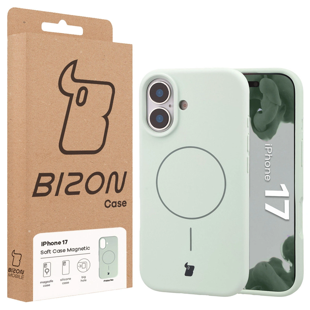 Przód pudełka Bizon Case z dedykowaną etykietą do Apple iPhone 17
