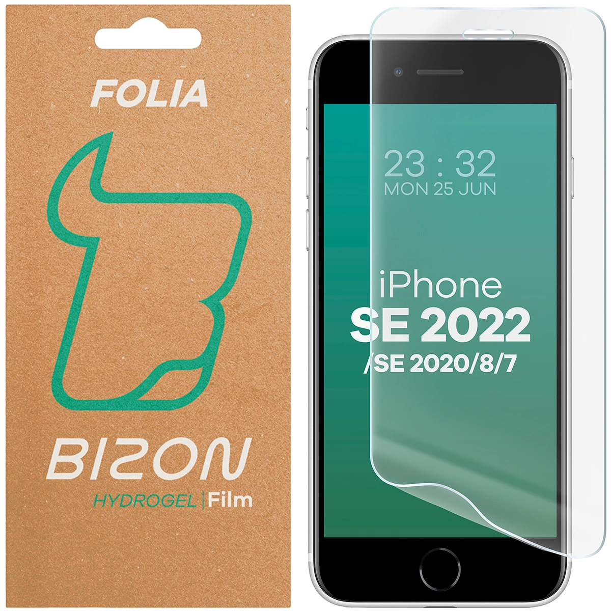 Pudełko i folia hydrożelowa na ekran Bizon Film Hydrogel Front do Apple iPhone SE 2022 / 2020 / 8 / 7