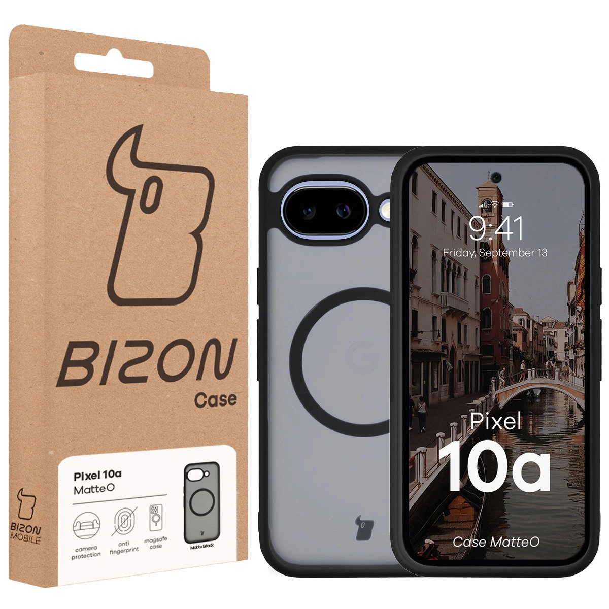 Przód pudełka Bizon Case z dedykowaną etykietą do Google Pixel 10a