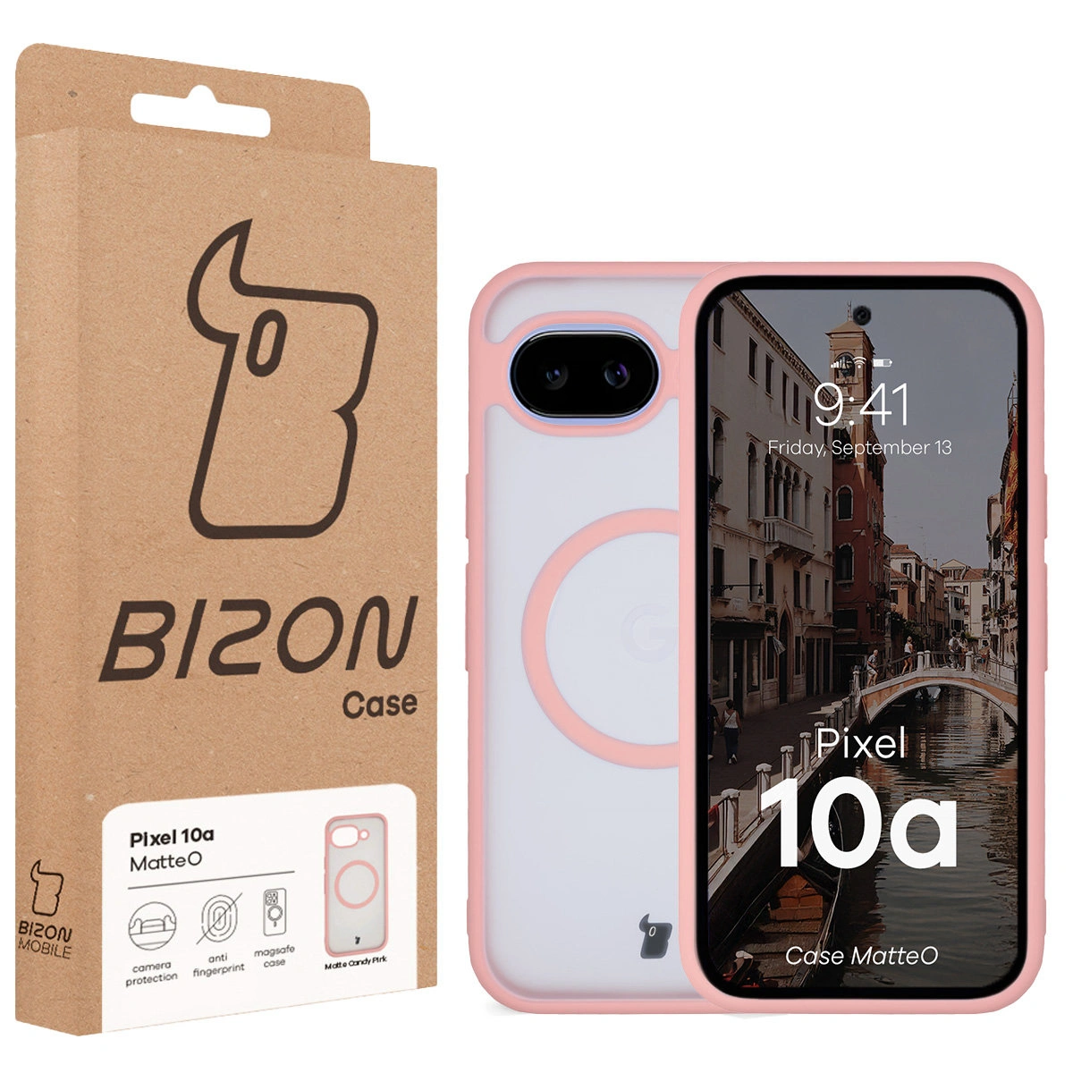 Przód pudełka Bizon Case z dedykowaną etykietą do Google Pixel 10a
