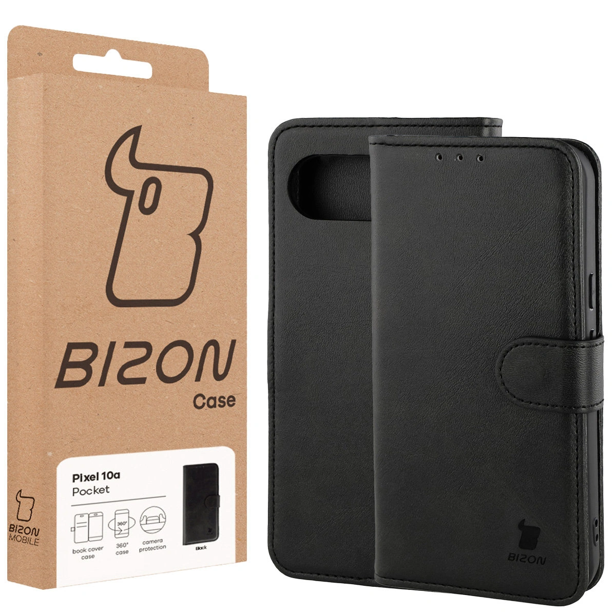 Przód pudełka Bizon Case z dedykowaną etykietą do Google Pixel 10a
