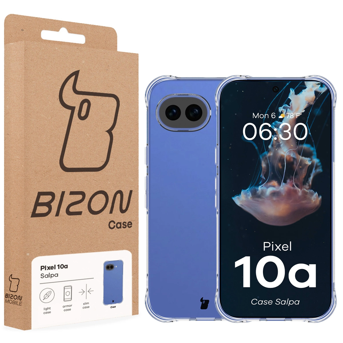Przód pudełka Bizon Case z dedykowaną etykietą do Google Pixel 10a