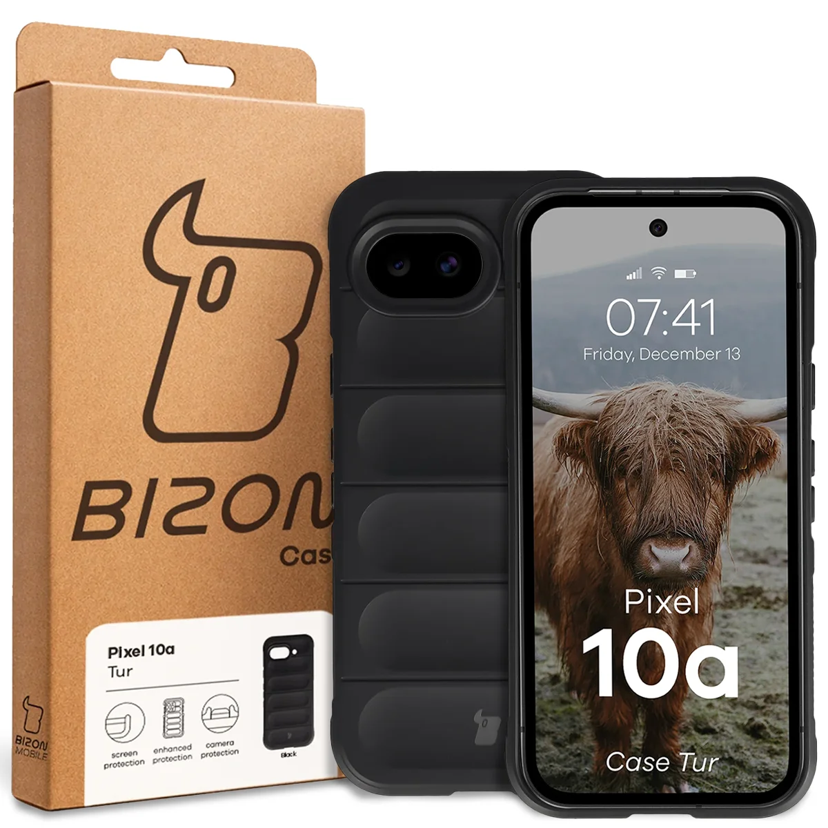 Przód pudełka Bizon Case z dedykowaną etykietą do Google Pixel 10a