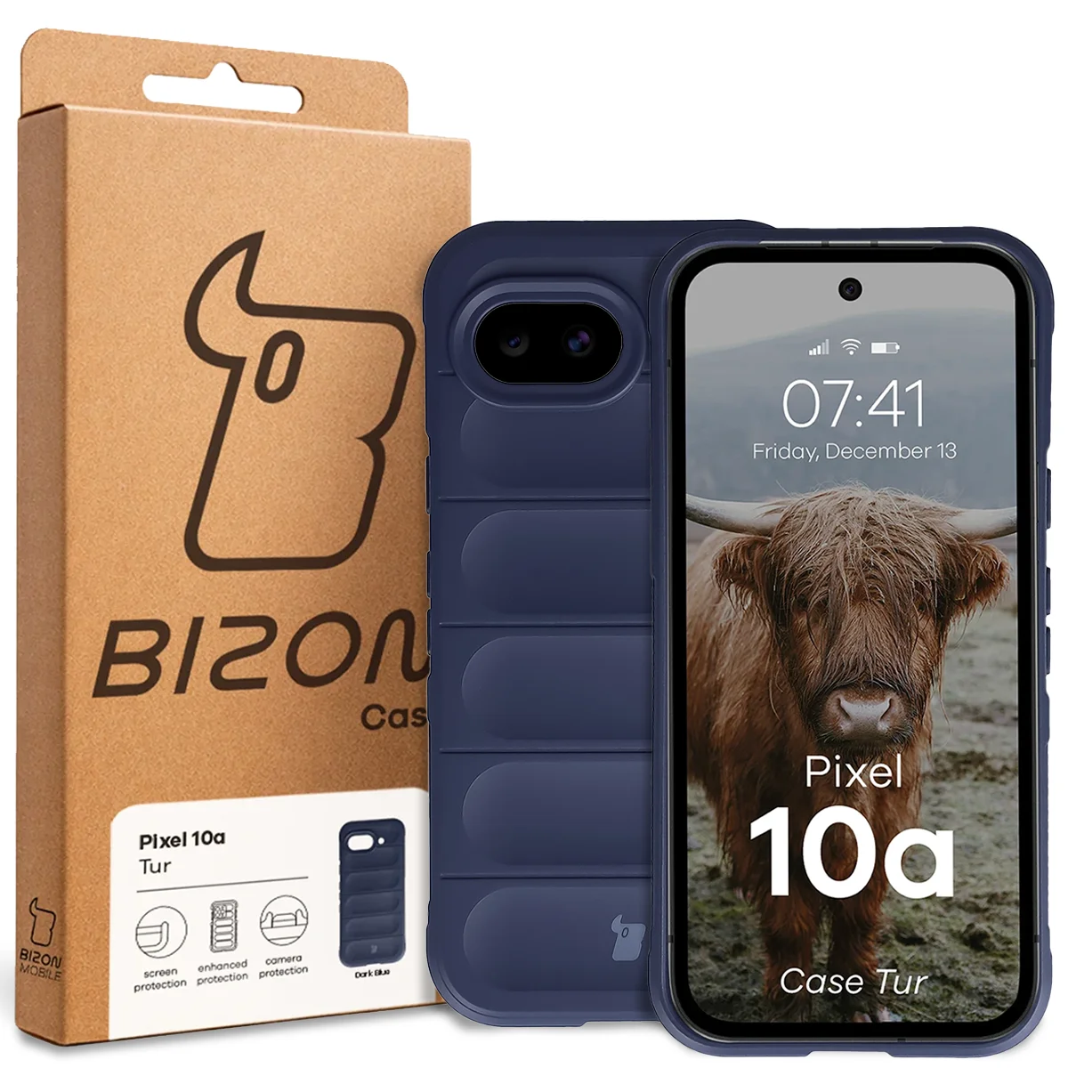 Przód pudełka Bizon Case z dedykowaną etykietą do Google Pixel 10a