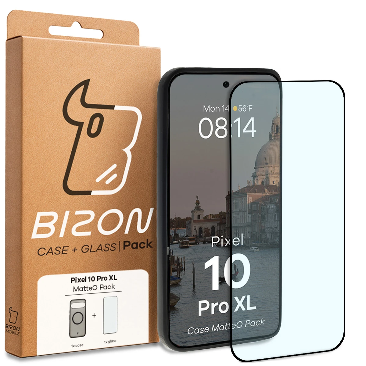 Przód pudełka Bizon Case Matteo Pack z dedykowaną etykietą do Google Pixel 10 Pro XL
