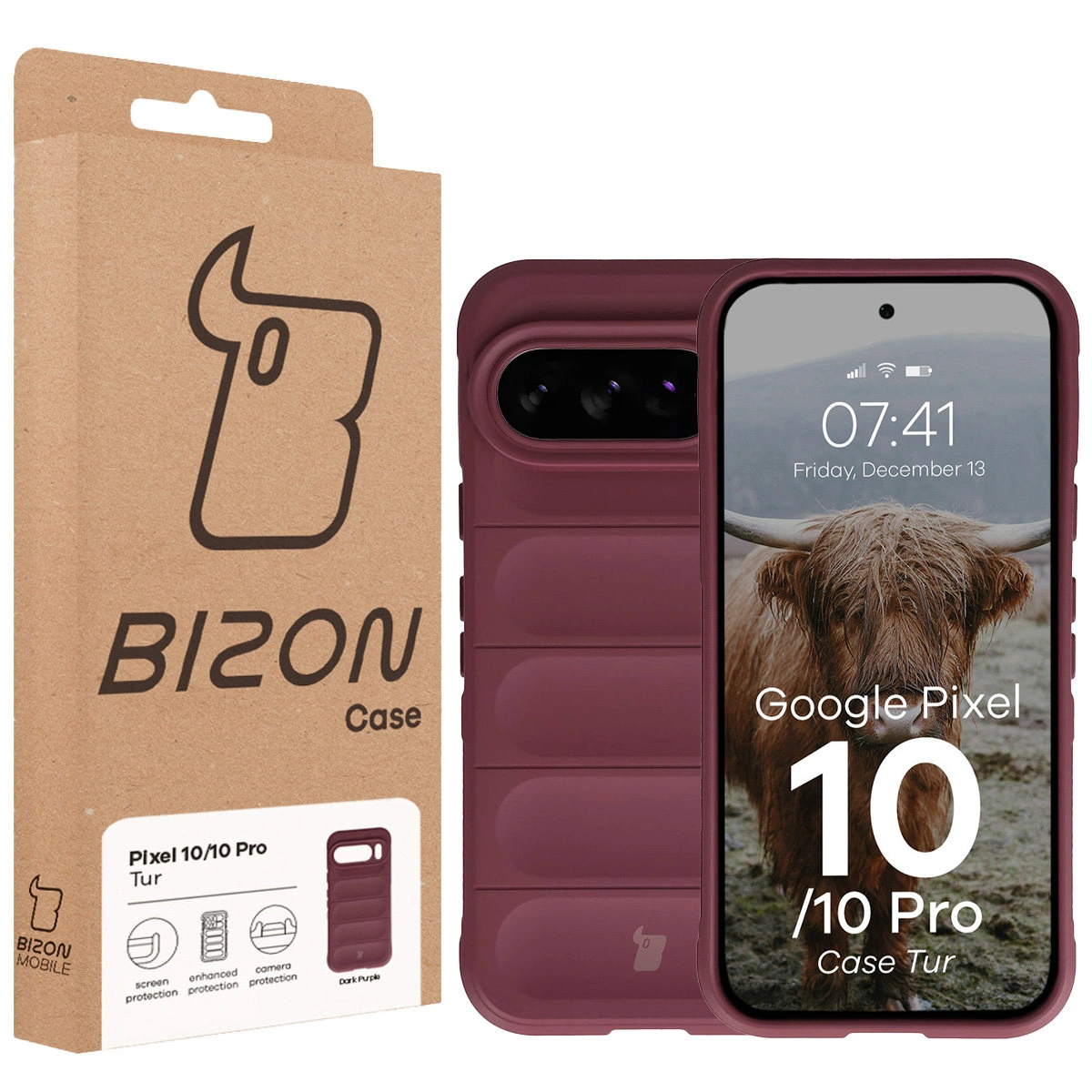 Przód pudełka Bizon Case z dedykowaną etykietą do Google Pixel 10 / Google Pixel 10 Pro