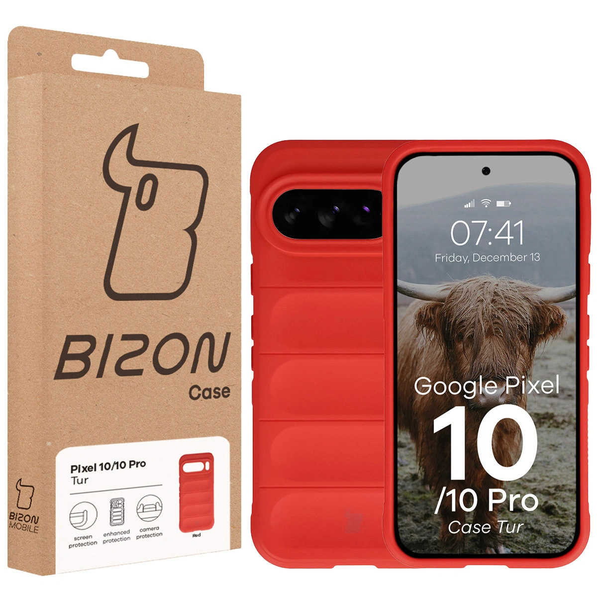 Przód pudełka Bizon Case z dedykowaną etykietą do Google Pixel 10 / Google Pixel 10 Pro