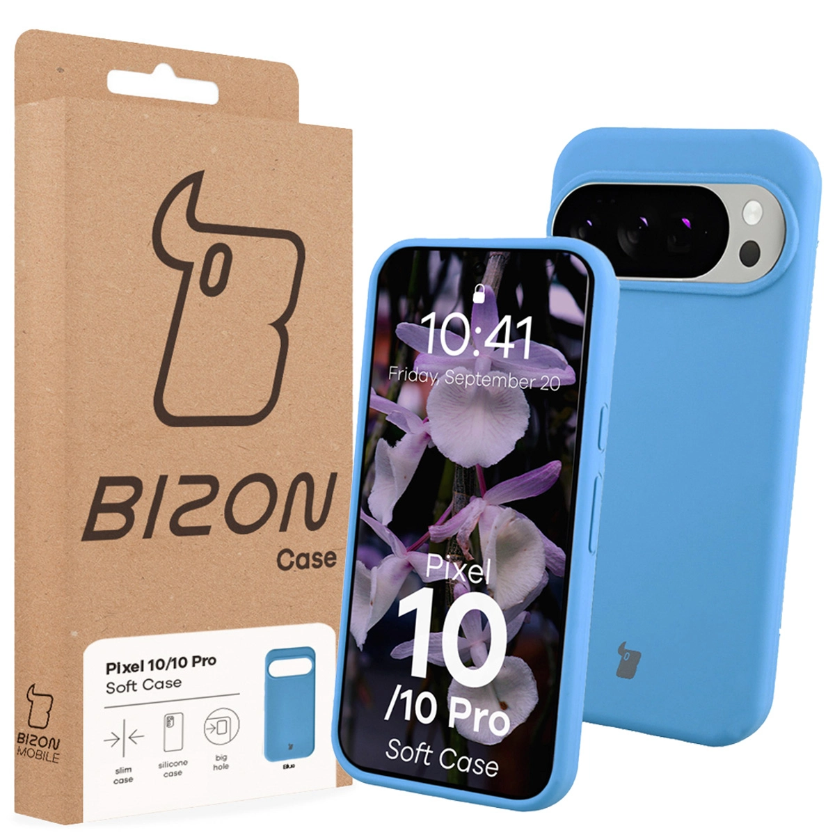 Przód pudełka Bizon Case z dedykowaną etykietą do Google Pixel 10 / Google Pixel 10 Pro