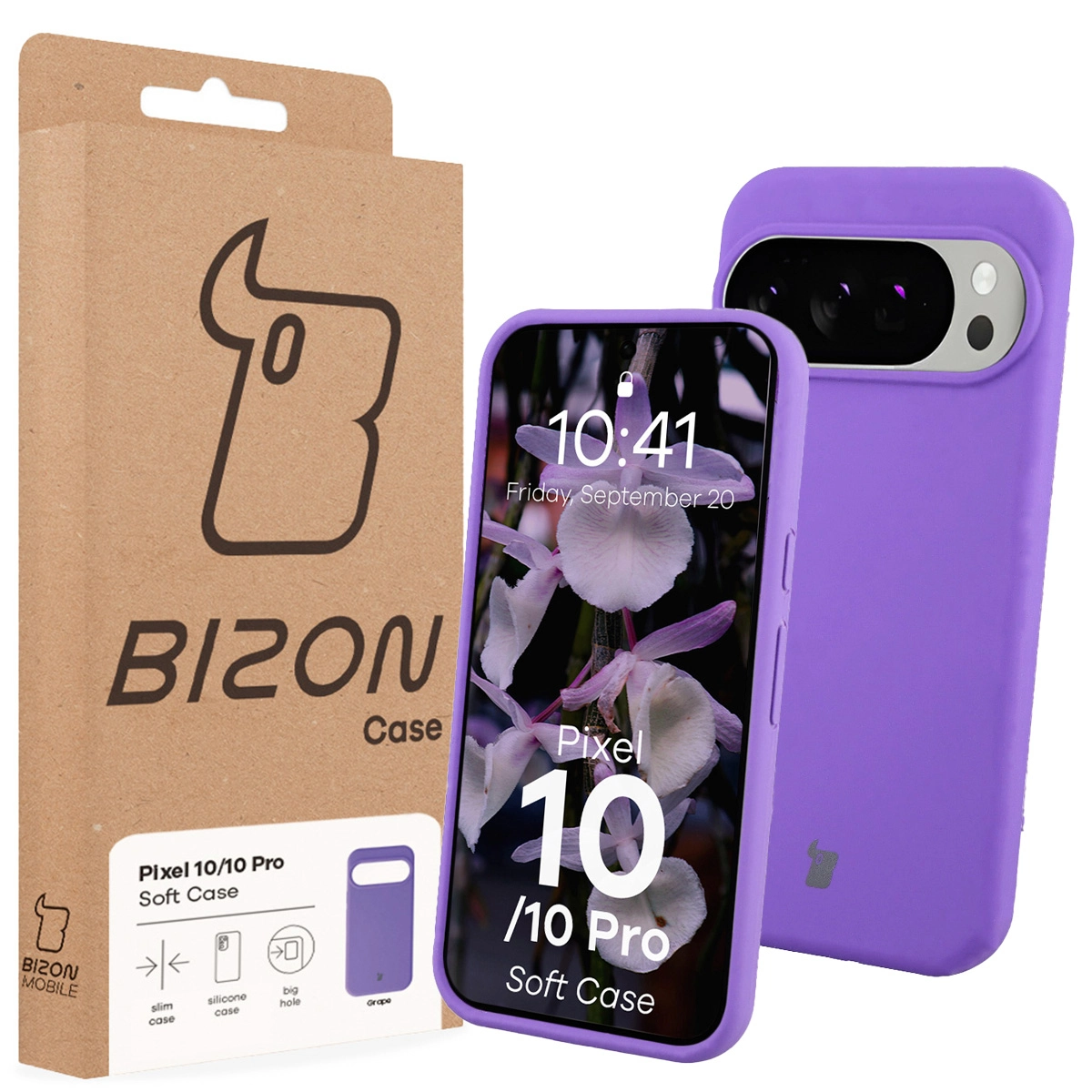 Przód pudełka Bizon Case z dedykowaną etykietą do Google Pixel 10 / Google Pixel 10 Pro