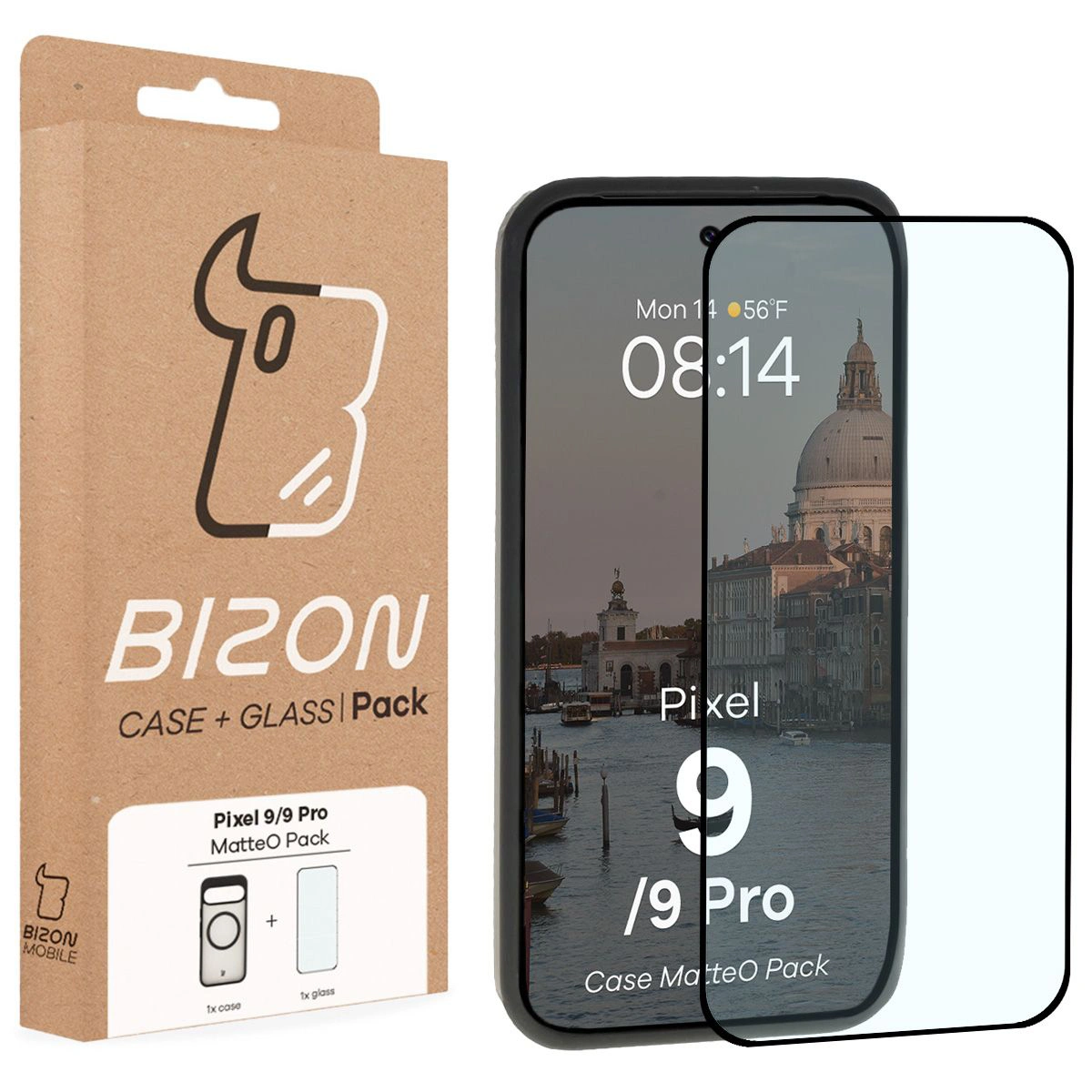 Przód pudełka Bizon Case Matteo Pack z dedykowaną etykietą do Google Pixel 9 / 9 Pro
